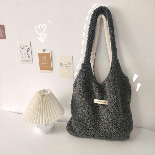 Original autumn and winter plush bag reversible shoulder bag large capacity shopping bag student ins simple bag for women