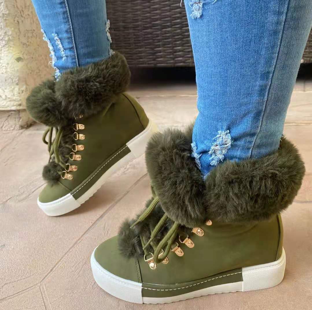 Botas de nieve de cuero de boca de piel larga corta de invierno europeo y americano estilo transfronterizo de las mujeres Comercio exterior más tamaño gruesas botas forradas de lana Temu