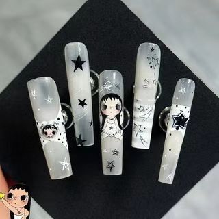 Sweet and Cool Cartoon Girl Wearable Nails, Long Gradient Gray-Black Stars, Comic Doll Style, Beautiful Fake Nail Stickers, Cross-Border Sweet and Cool Cartoon Girl Wearable Nails, Long Gradient Gray-Black Stars, Comic Doll Style, Beautiful Fake Nail Stickers, Cross-Border