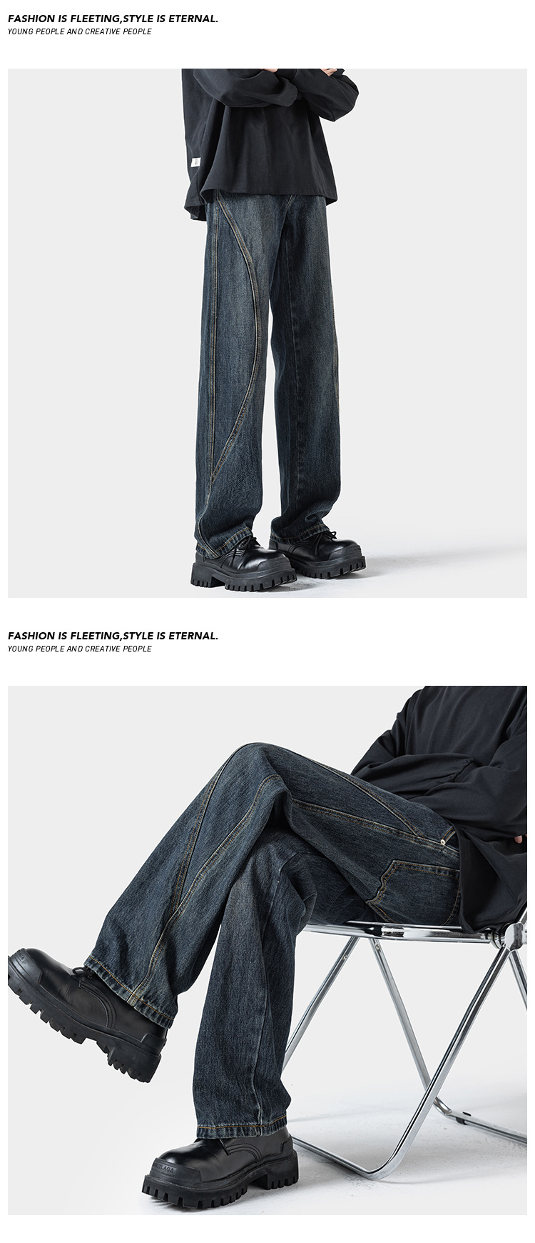 American Retro Patchwork Jeans For Men Loose Wide Leg Casual Trousers_voghion.com