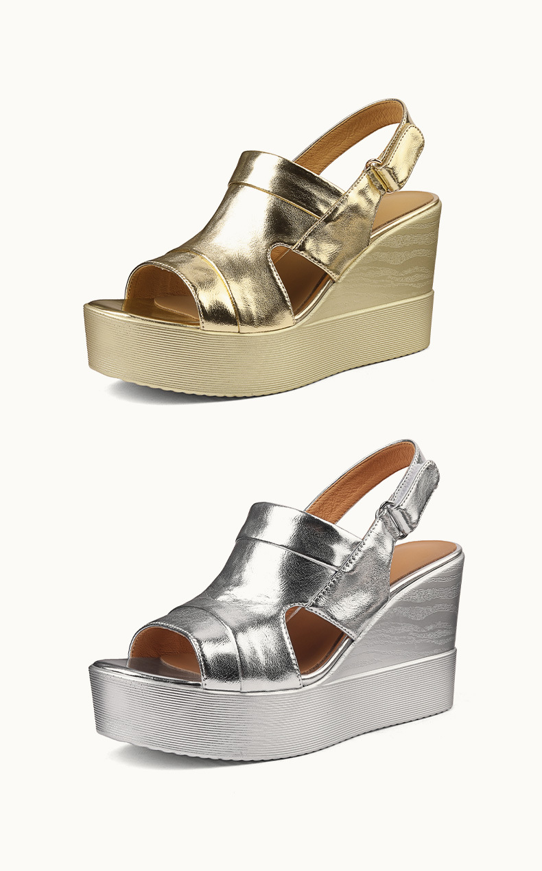 Sandal hở mũi nữ đế xuồng cao gót màu bạc phong cách La Mã đế dày độn cao — Màu vàng, Màu bạc chi tiết 9