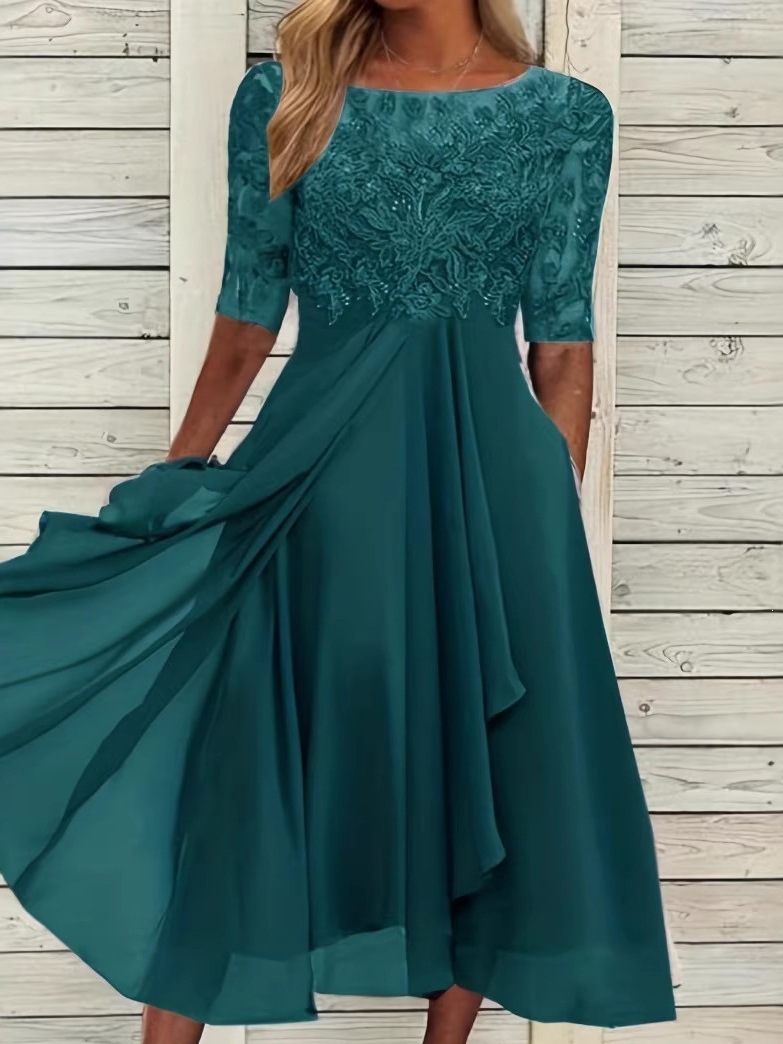 shiffon lace evening dress with a round collar