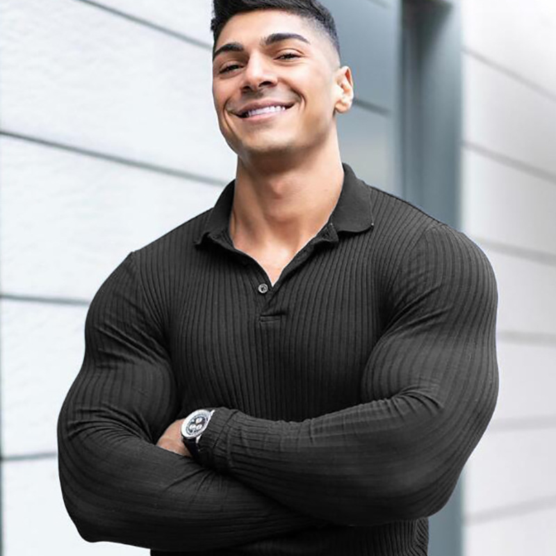 INS camisa de polo deportiva de manga larga de otoño para hombres musculosos europeos y americanos camiseta de fitness de solapa transpirable de punto elástico de moda