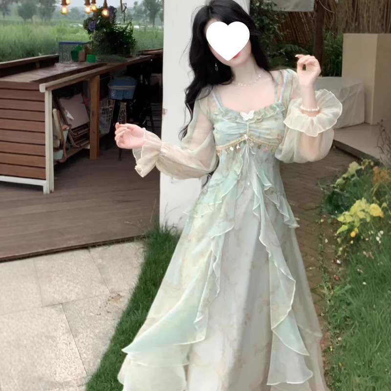 French-Style Tea Break Pure Desire Princess Long Dress, Pure Desire Fairy-Like Gray Smudged Ruffled Dress with a Hazy Beauty for Women
