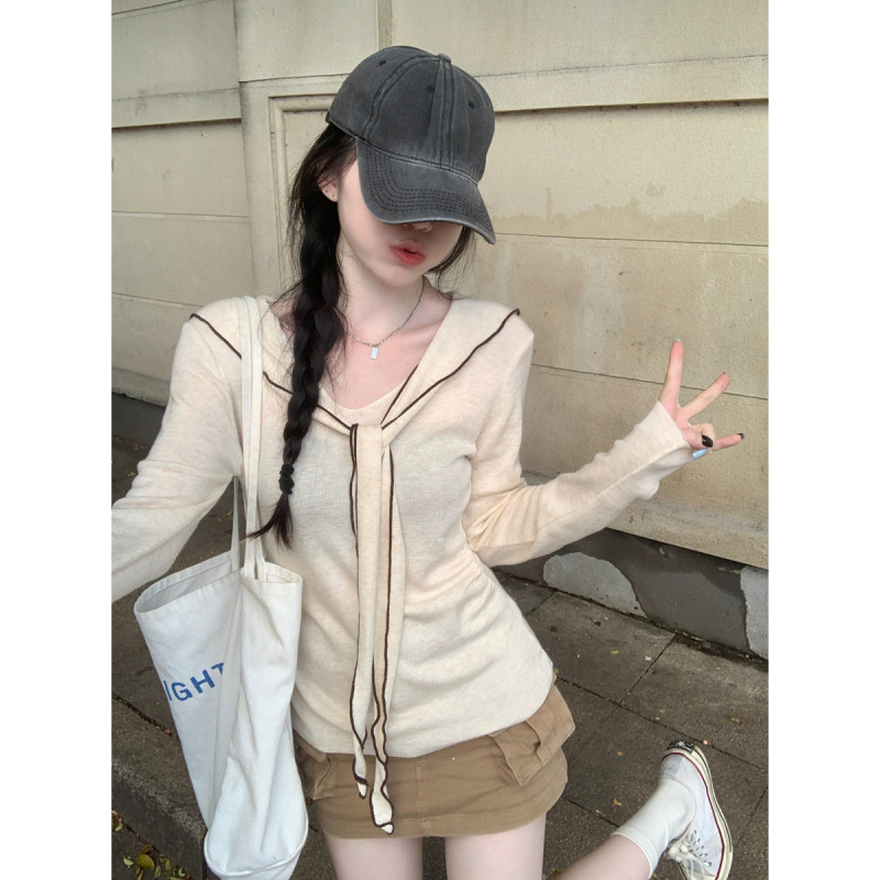 实拍 秋季韩版披肩V领系带设计感针织打底衫修身长袖毛衣女89378|undefined