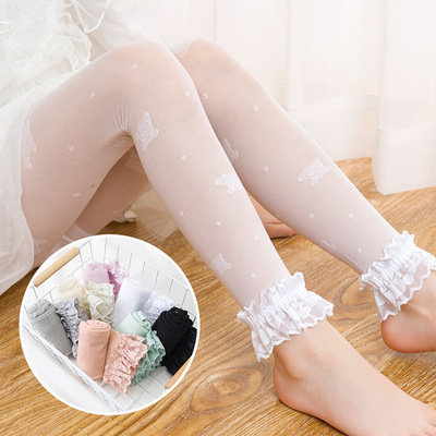 壹件代發2021夏薄兒童絲襪新款女童小熊提花不易勾絲連褲襪九分連