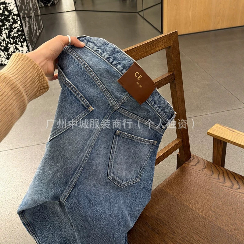 High Quality! Makes Legs Look Longer! Ce Nanyou 26 Spring/Summer New Style Arc De Triomphe Leather Label Straight-Leg Jeans, High-Waisted and Slimming