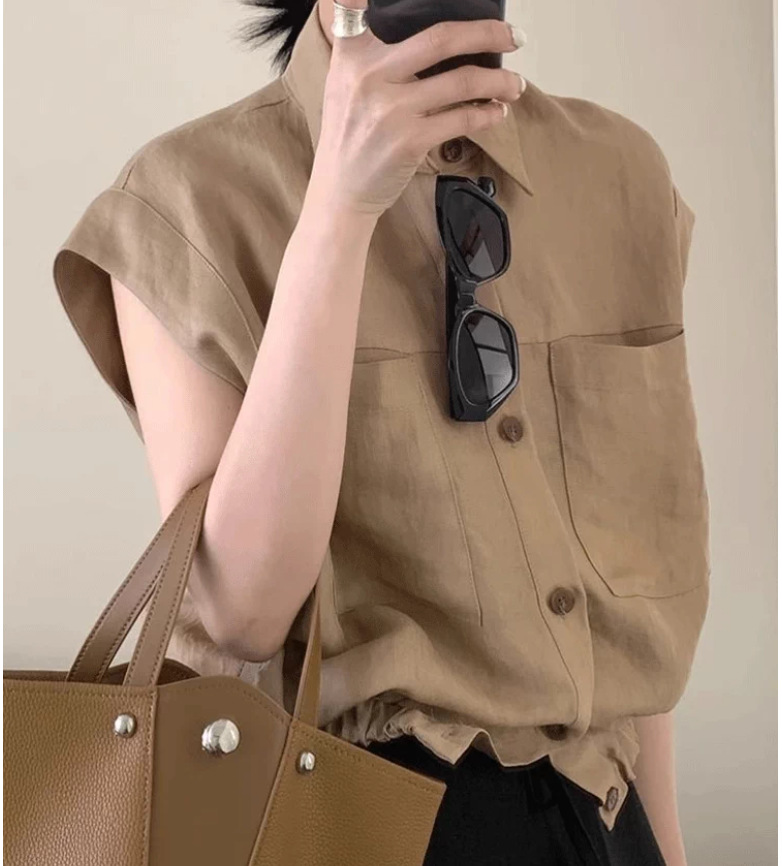 Áo sơ mi polo nữ tay ngắn cổ nhỏ tay lỡ form ôm, thiết kế phối tay lỡ thanh lịch — Màu cà phê chi tiết 5