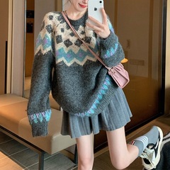 费尔岛复古毛衣2025女秋冬圣诞宽松慵懒风仿浣熊绒针织衫上衣加厚