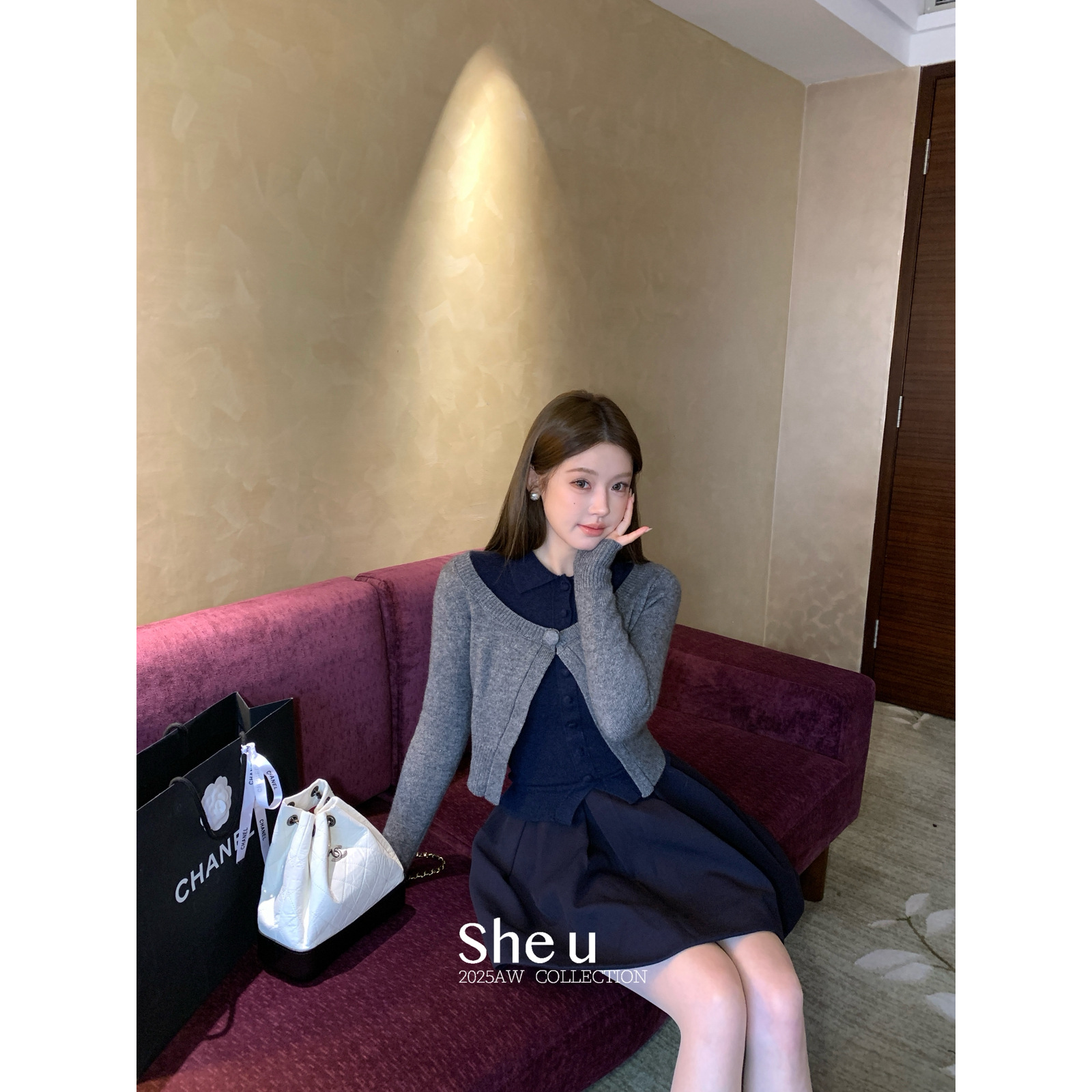 SHE U-气质字母刺绣针织衫收腰翻领毛衣(含羊毛)60833