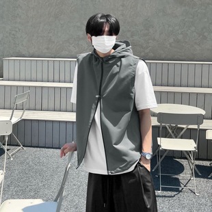 MYQ Summer Thin Niche Design Sense Sleeveless Hooded Vest Men's American Style Retro Solid Color Ware Jacket