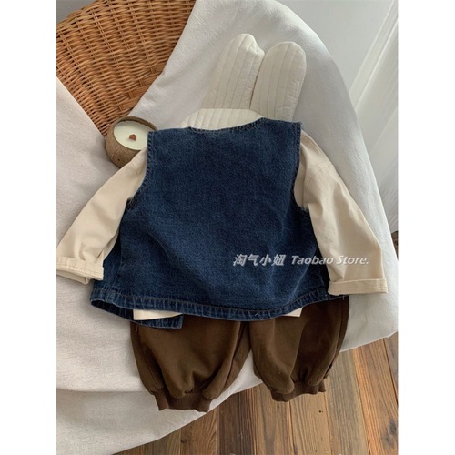 Korean Version Spring and Autumn New Boys and Girls Baby Fashion Denim Vest Children Versatile Color Backless Top Outerwear Trendy