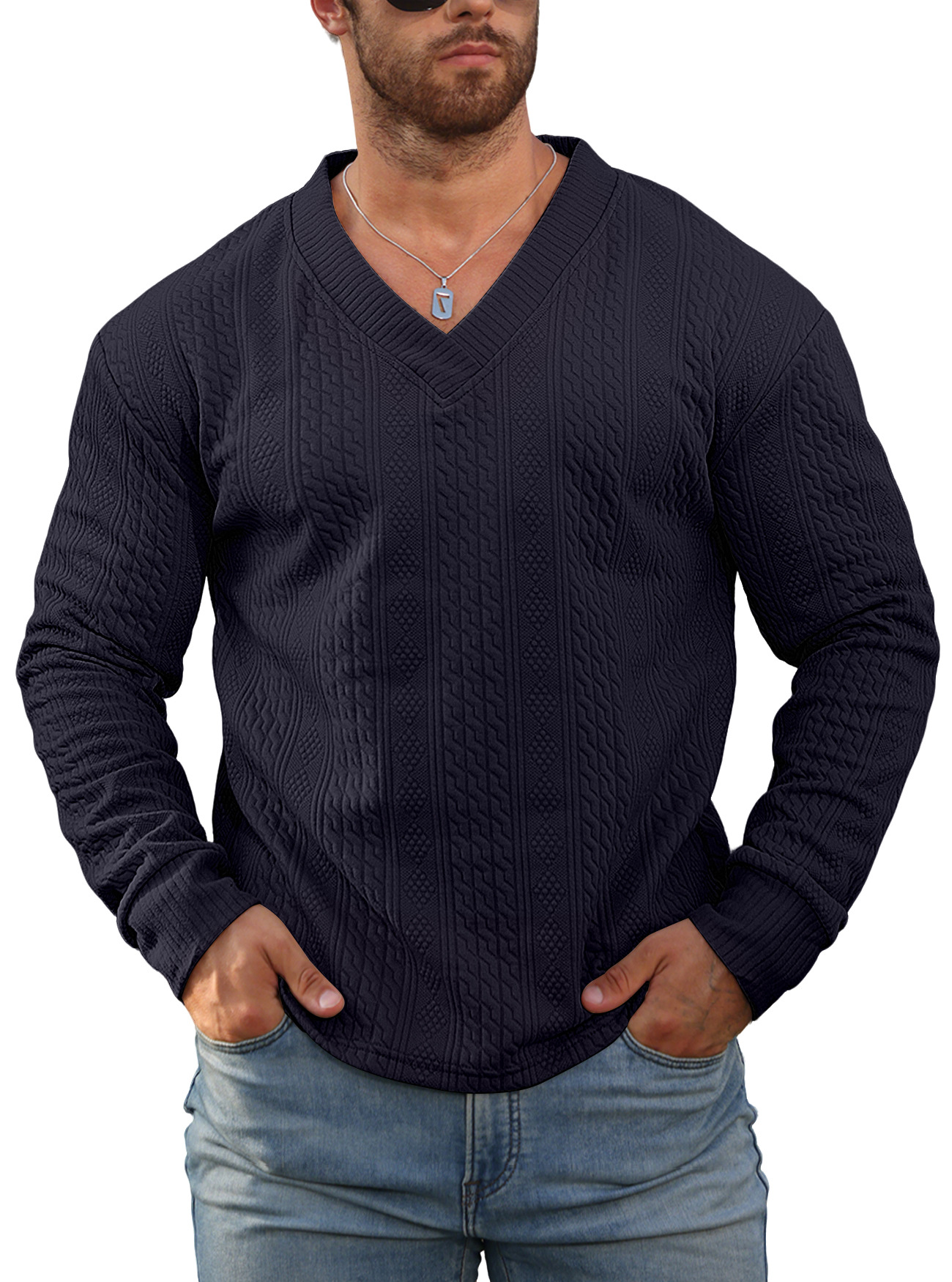 Transfronterizo Europa y América Amazon primavera y otoño ropa de hombre Jacquard de color sólido camiseta de fondo suelta de cuello V camiseta deportiva casual hombre