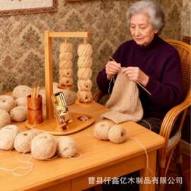 跨境实木质线轴架手工纱线架手机支架带格收纳毛线架双线轴