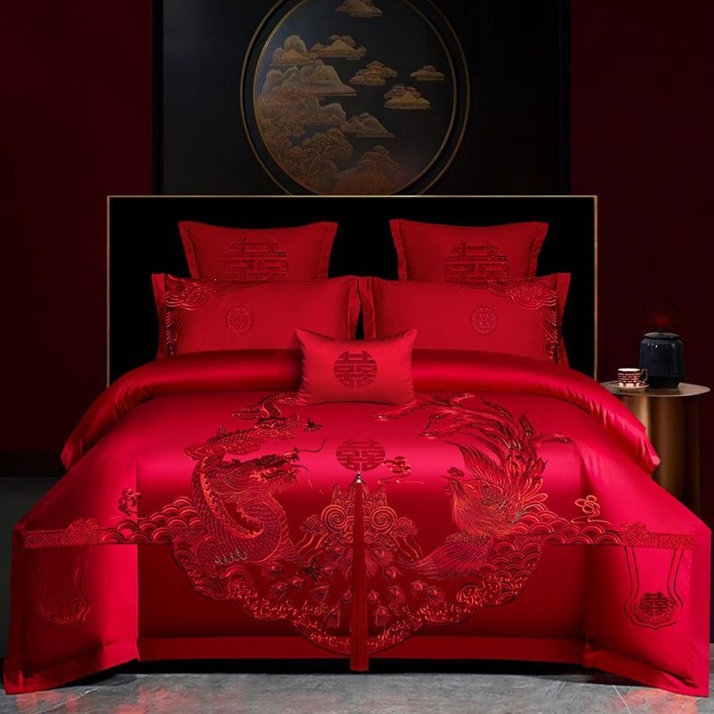 Cuatro piezas de boda china dragón-fénix bordado sábanas de boda rojas casa de boda colcha de cama image 34