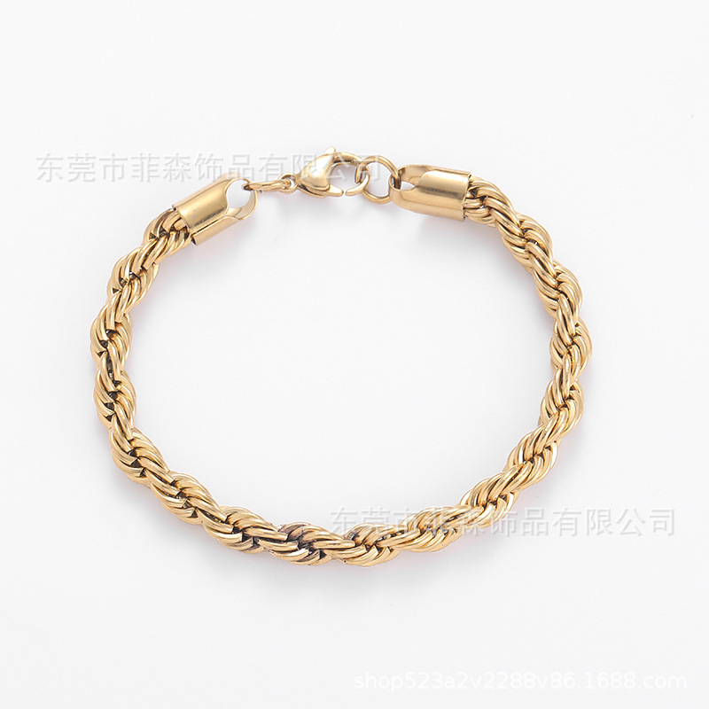 14K electroplated titanium steel golden boys twist bracelet stainless steel twisted rope chain men's and women's fashion jewelry cross-border exclusive
