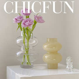 花瓶摆件客厅插花玻璃感中古复古法式奶油风黄色创意鲜花软装