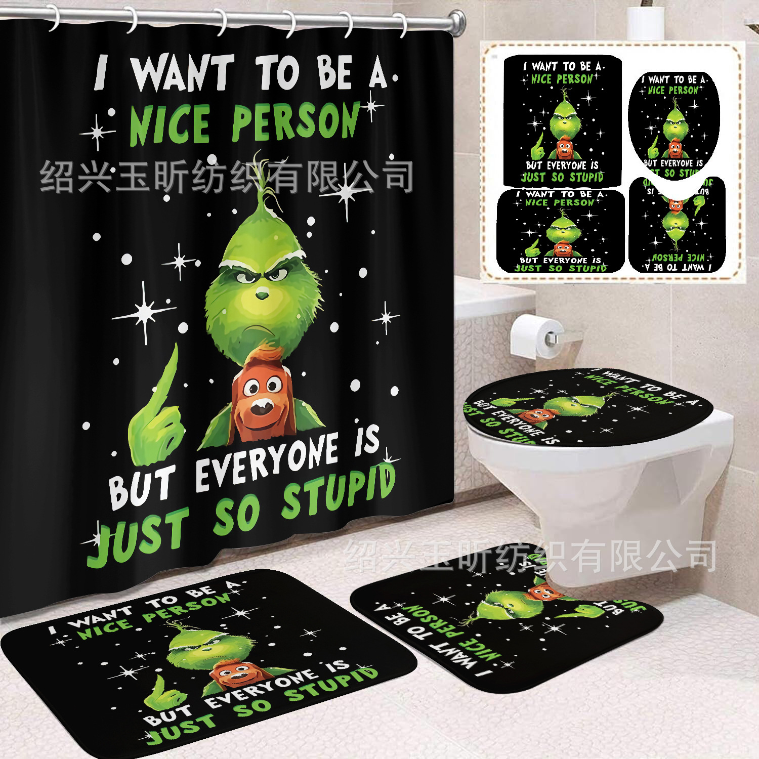 Tela de cortina de ducha transfronteriza, cortina de ducha impermeable, alfombra antideslizante de baño, juego de Grinch 4 de pelo verde al por mayor, sin perforación