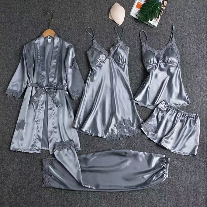 With Chest Pad Pajamas Women Spring Autumn Summer Five-Piece Ladies Nightgown Suspender Skirt Long-Sleeved Robe Home Clothes
