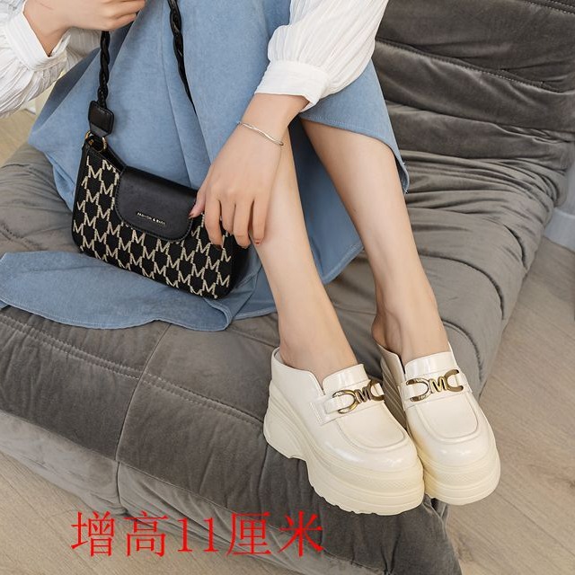 Inner 11cm Lefu women's shoes platform slippers Spring and Autumn New slip-on leather women's closed toe slippers