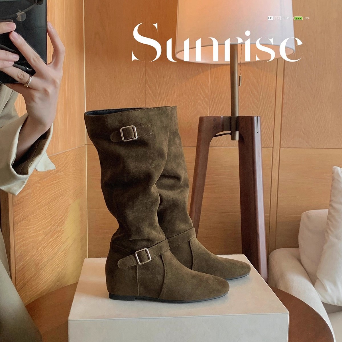 葡萄妈同款 内增高5cm~ 韩系时髦扣带设计堆堆中筒靴女秋冬马丁靴