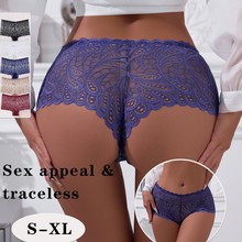 外贸大码蕾丝内裤女性感镂空透气花边女士内裤中腰平角裤sexy