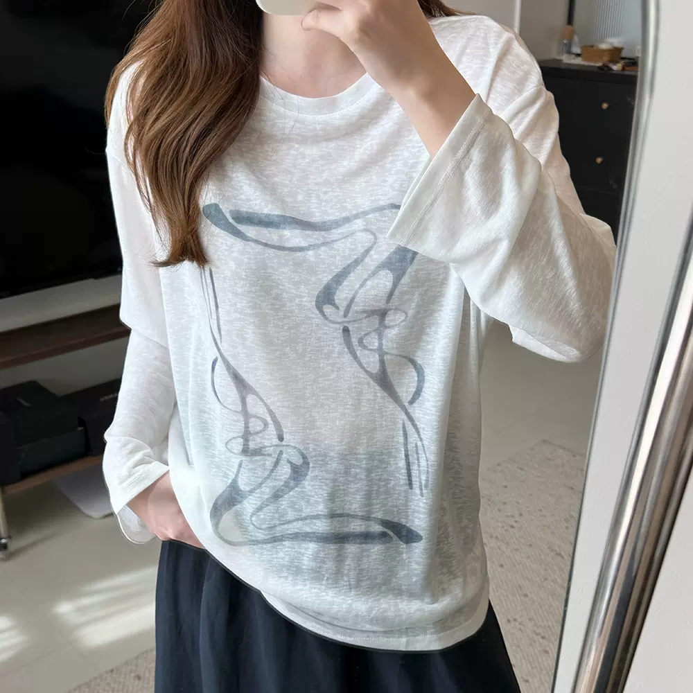 度假风印花长袖T恤女白色韩版宽松百搭显瘦防晒罩衫休闲上衣
