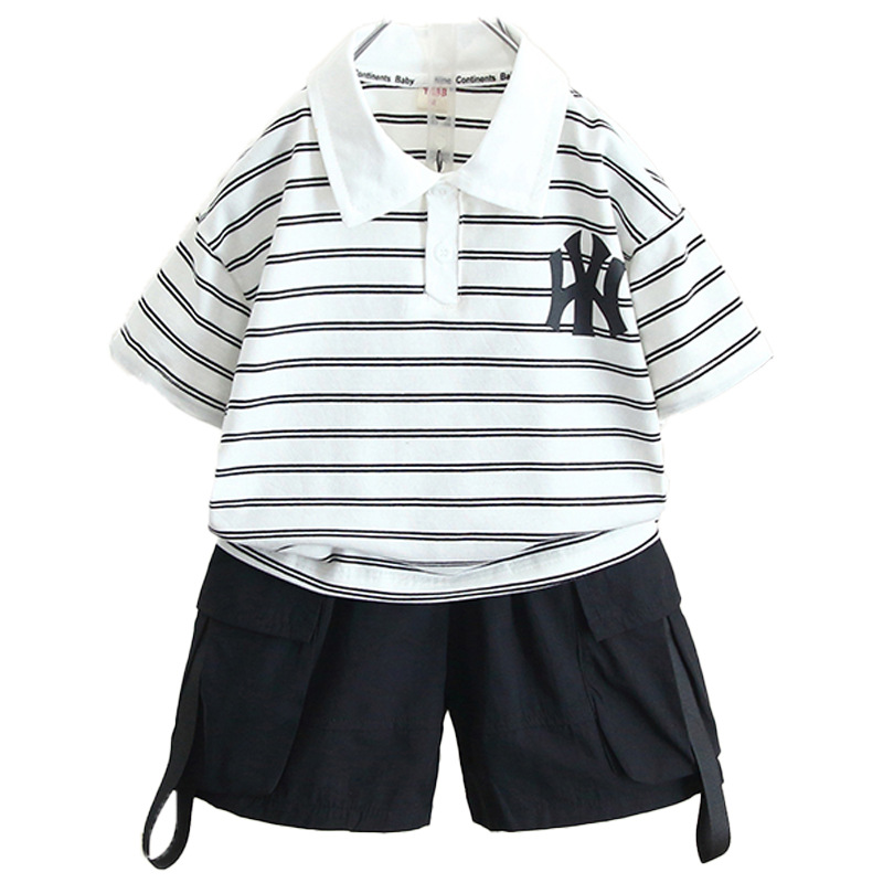 7153 Traje de manga corta con estampado para niños 2025 verano nuevo traje para niños bebé verano polo camisa de dos piezas marea