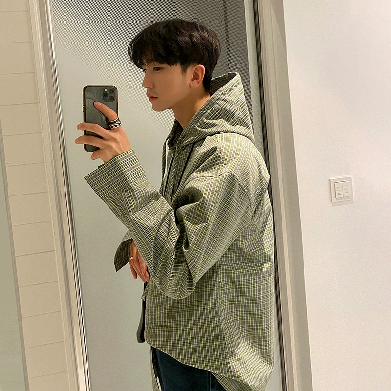 Новая Осенняя винтажная рубашка MYQ в клетку с капюшоном, Мужская модная Свободная Повседневная рубашка с длинным рукавом в Корейском стиле