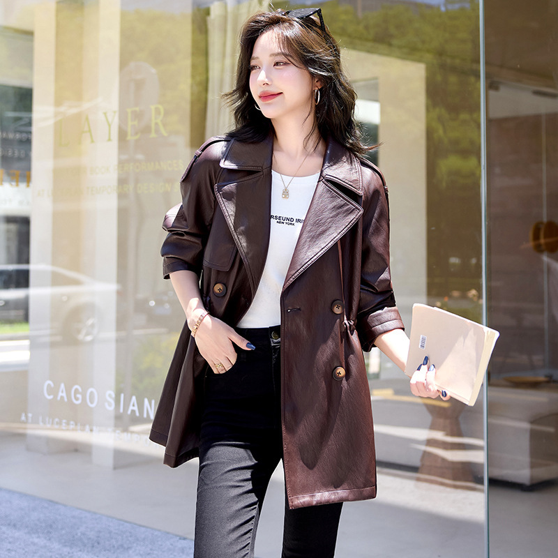 Brand Design Haining Genuine Leather Suit Collar Windbreaker Women's Spring & Fall New Mid-Length Fashionable Retro Waist Leather Jacket