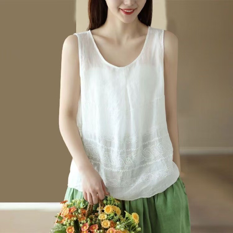 Discount Store Cut Label Ramie Heavy Industry Embroidered Sleeveless Vest Women's Loose Thin Bottoming Sling Casual Cotton and Linen Top Discount Store Cut Label Ramie Heavy Industry Embroidered Sleeveless Vest Women's Loose Thin Bottoming Sling Casual Cotton and Linen Top