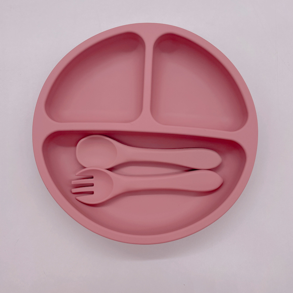 로즈 레드 작은 흡입 컵 실리콘 포크 스푼 (컬러 박스