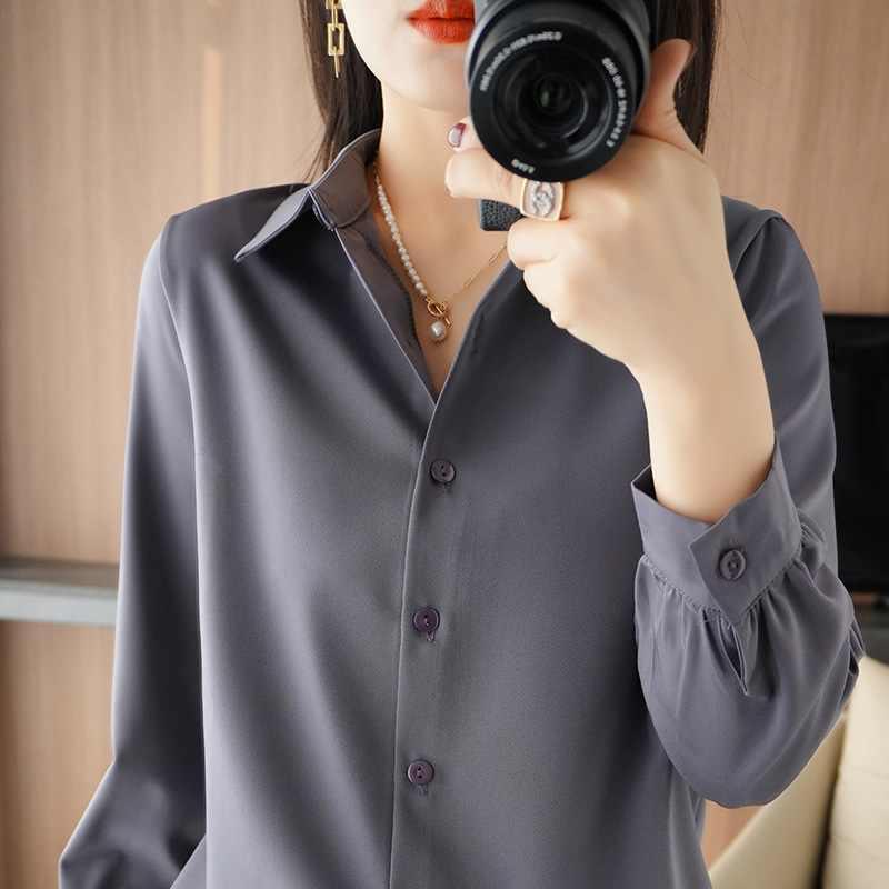 Spring and Summer New Silk Satin Shirt Women's Fashionable Elegant POLO Collar Business Wear Long-sleeved High-end All-match Base Shirt Spring and Summer New Silk Satin Shirt Women's Fashionable Elegant POLO Collar Business Wear Long-sleeved High-end All-match Base Shirt