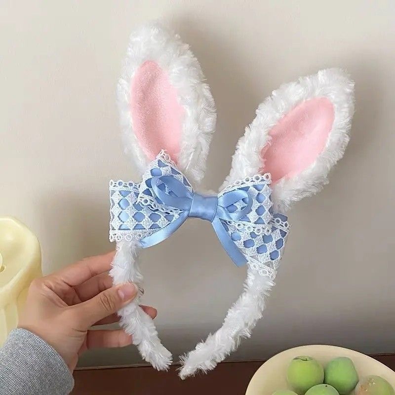 かわいいリボンウサギの耳ぬいぐるみヘッドバンドレース洗顔ヘッドバンド子供用ヘアピン 2025 新しい帽子|undefined