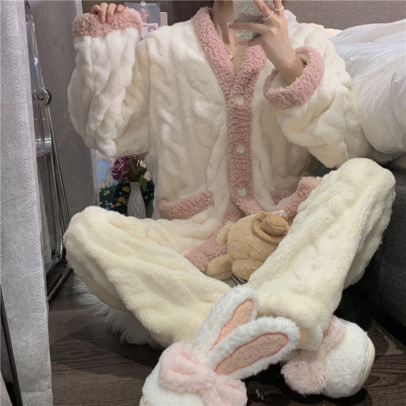 Pijamas de lana de coral con cuello de muñeca dulce francés para mujer más terciopelo engrosado ropa de hogar de franela de invierno traje de gran tamaño invierno