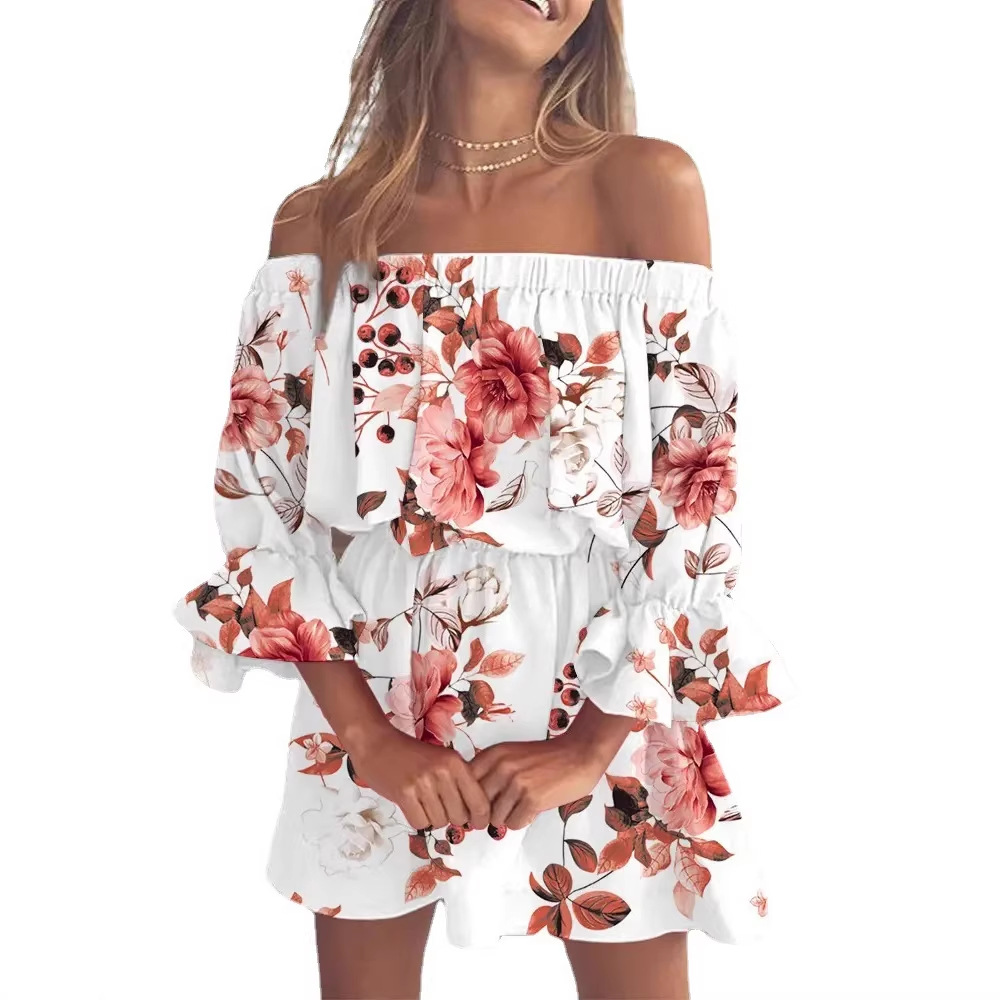 Vestido sexy de moda con estampado de un solo hombro para mujer, estilo europeo y americano, para el mercado transfronterizo de Amazon, 2023