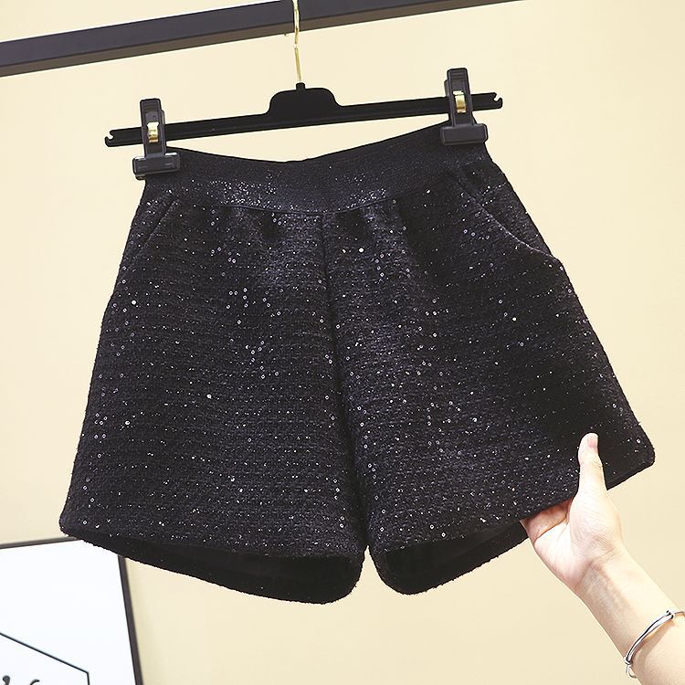 Sequined Woolen Thickeneded Shorts for Spring & Fall Outer Wear New Elastic Waist High Waist Versatile Loose Slimming Look Black Boot Pants for Women