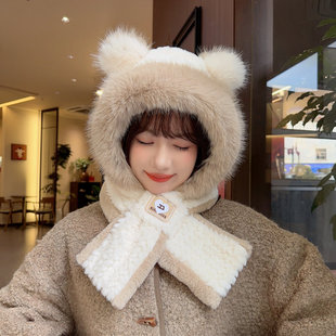 Cute Embroidered Bear Plush Hat and Scarf One Two-piece Set Color-matching Autumn and Winter Cycling Wind-proof Hat Warm Ear Protection