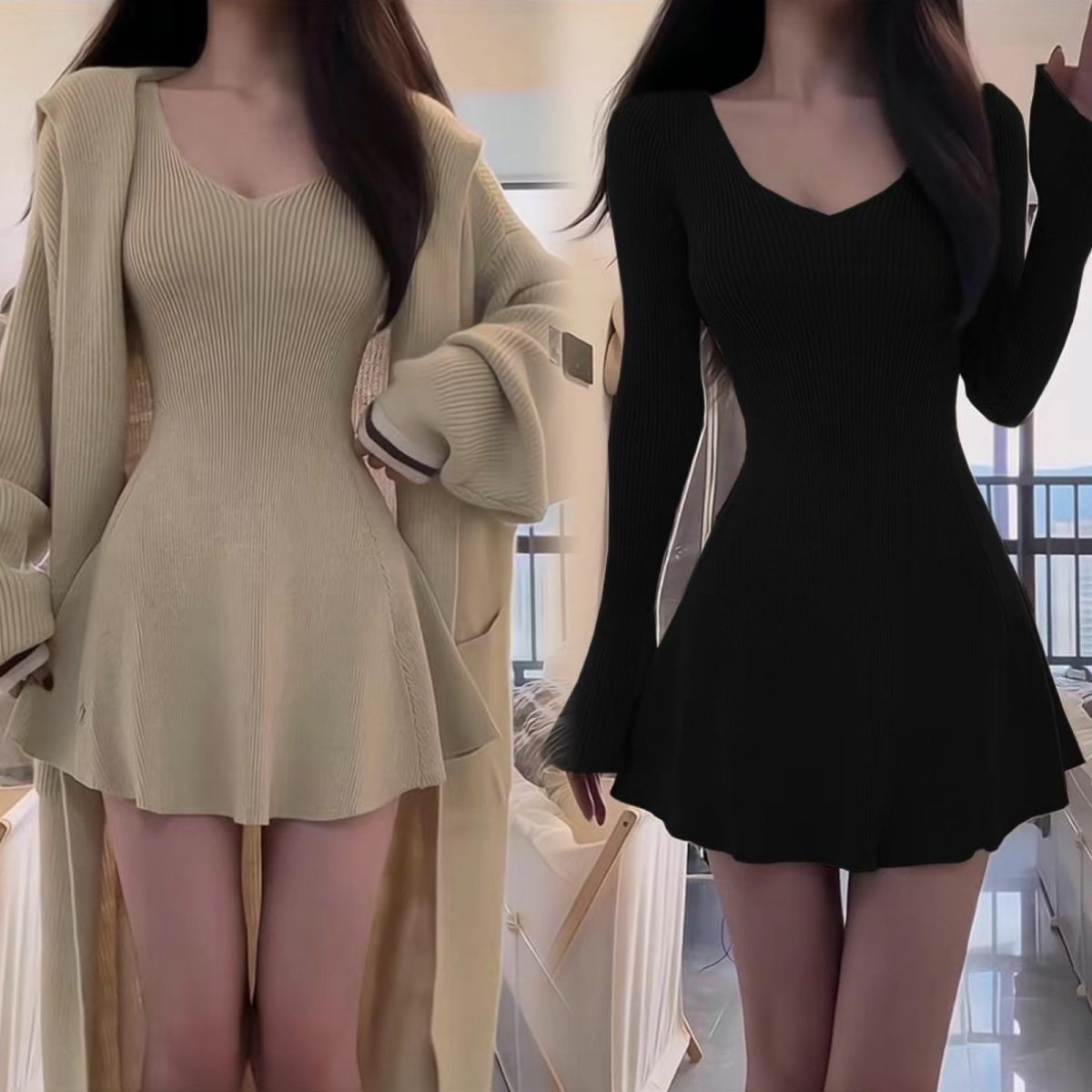 气质温柔高级感针织长袖连衣裙女秋冬季修身收腰显瘦内搭打底短裙