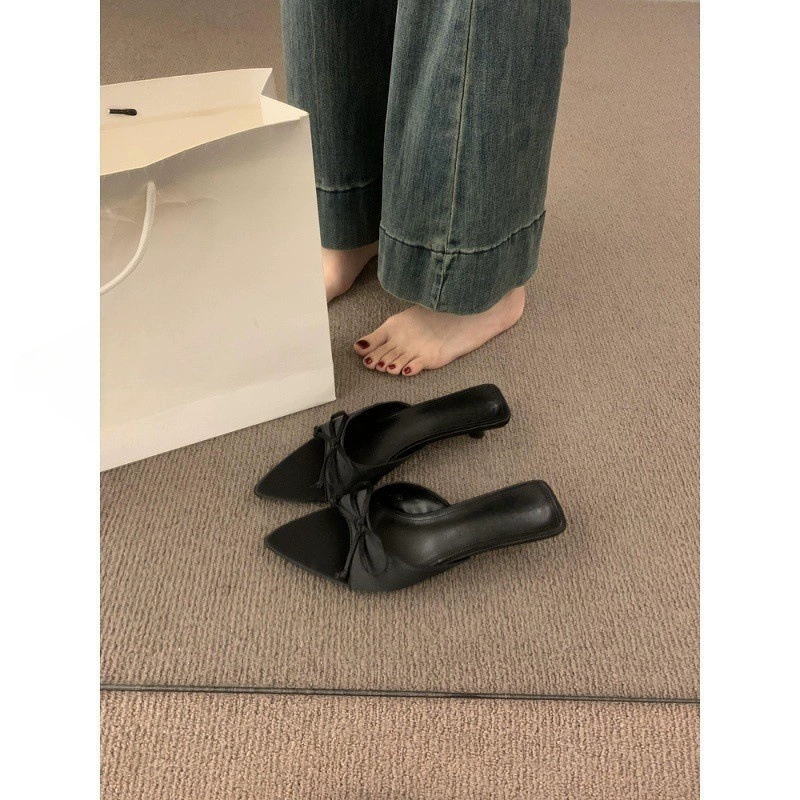 Slippers pointy toe, footwear, slide with bow, french style, 2024 years