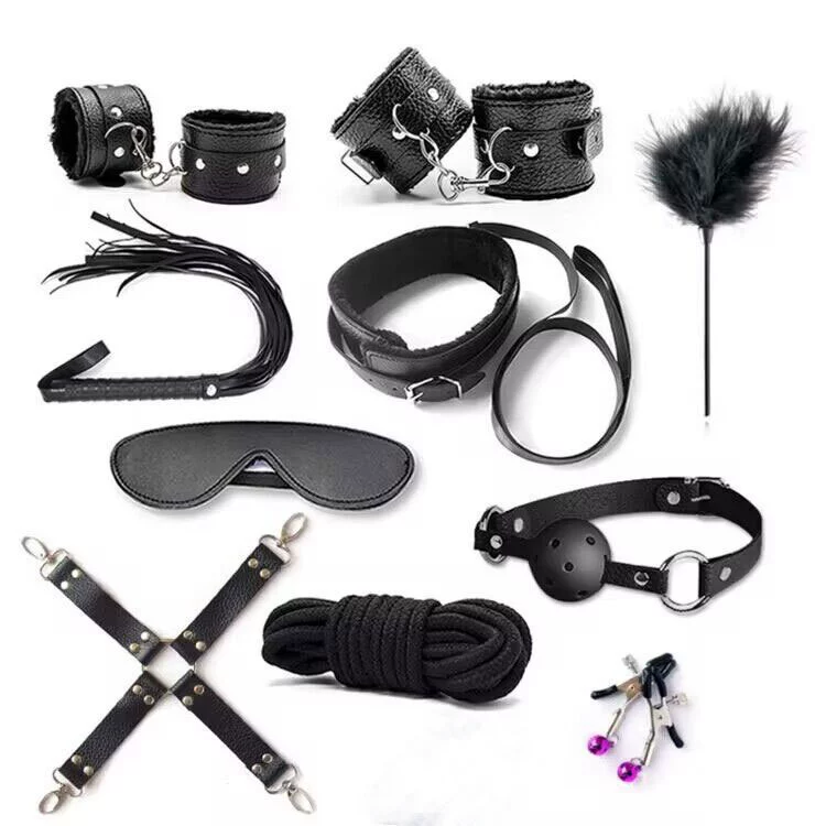 Bondage kit, multi-piece couples set, PU leather restraints, blindfold, feather tickler