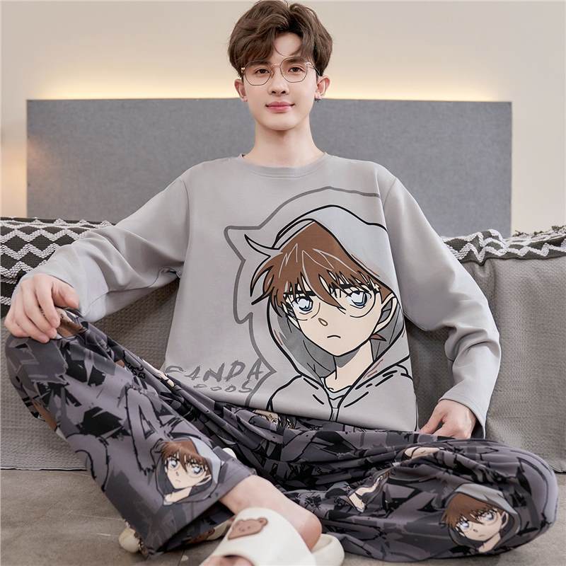 Men's Pajamas Spring and Autum Pure Cotton Long-Sleeved Thin Autum Large Children Teenagers High School Junior High School Students Large Size Home Clothes