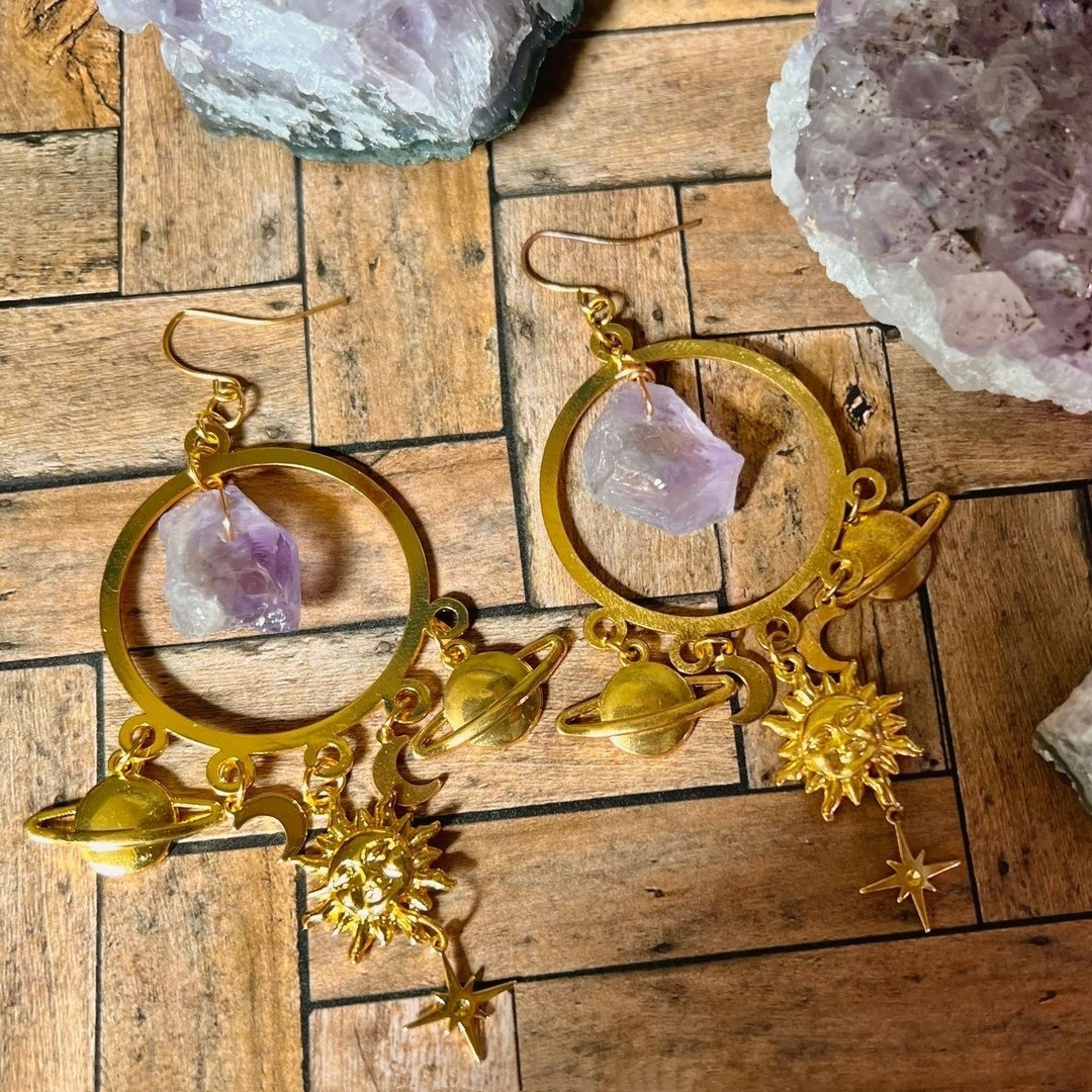 Cross-border foreign trade Amazon natural purple quartz and sun moon star women's earrings Gothic jewelry factory direct sales