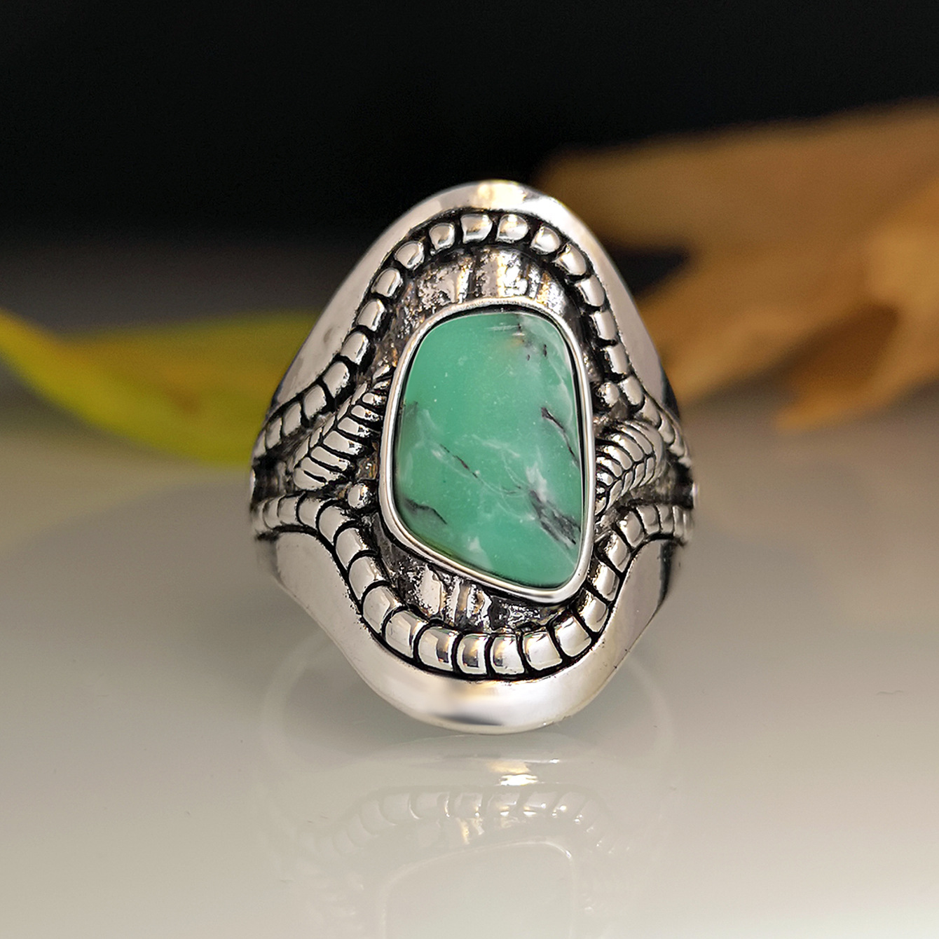 Bague Turquoise Calcédoine Marbrée Feuille D'arbre Ethnique display picture 2