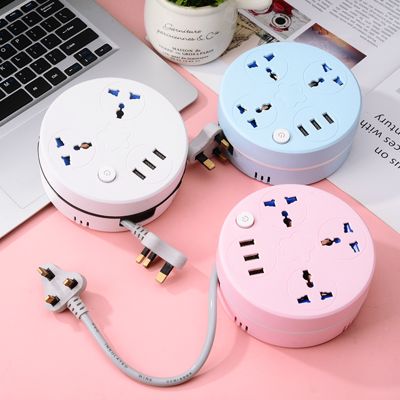 新款插座多功能排插usb接插线板面板多孔位圆盘拖插排圆形宿舍用