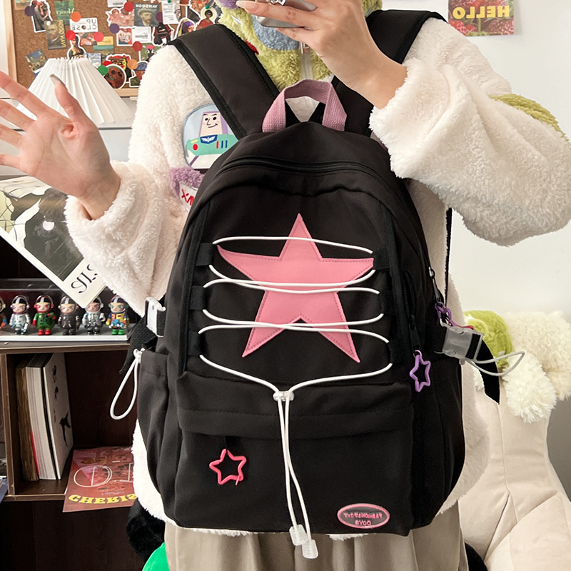 New pink star-patterned strap casual school backpack for students, fashionable large-capacity campus leisure backpack