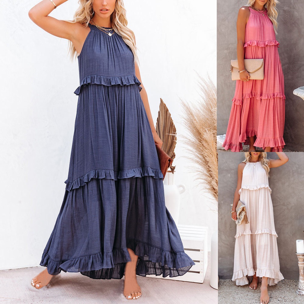 Women's Tiered Skirt Casual Boat Neck Patchwork Sleeveless Solid Color Maxi Long Dress Daily display picture 1