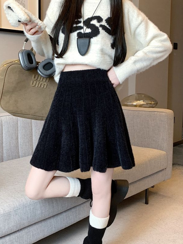 灰色针织半身裙女秋冬小个子高腰显瘦百褶裙遮挎气质百搭A字短裙|undefined