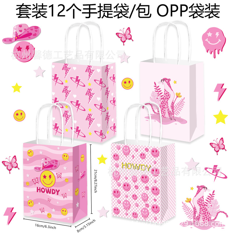 Bd145 Special Price Millennium Style Pink Leopard Pattern Howdy Lightning Smiley Cowboy Hat Party Candy Tote Bag