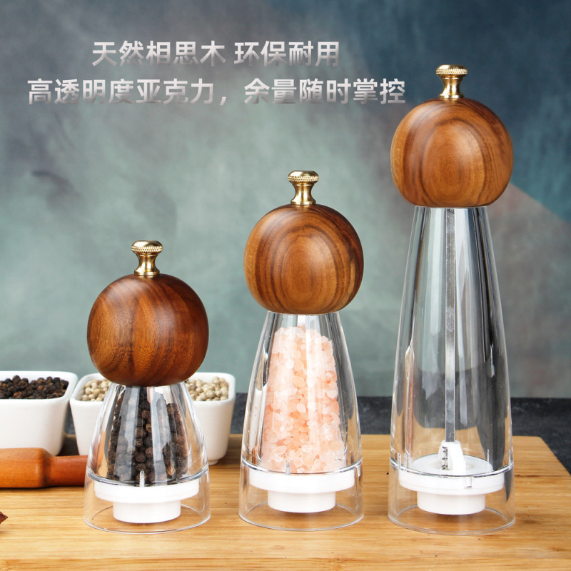 家庭用手動ラウンドヘッドペッパーグラインダー新しいアクリルアカシア木製ペッパーミルセラミックコアキッチンツール|undefined